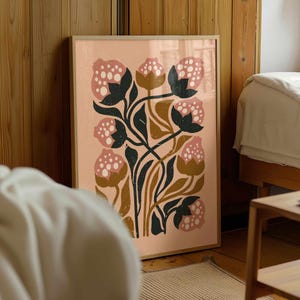 Retro Flower Print — Abstract 70s Floral Wall Art in Pink and Brown, Vintage Style Botanical Poster for Mid Century, Boho or Dopamine Decor
