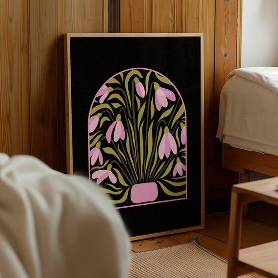 Retro Floral Print — Mid Century Botanical Wall Art, Snowdrop Flowers