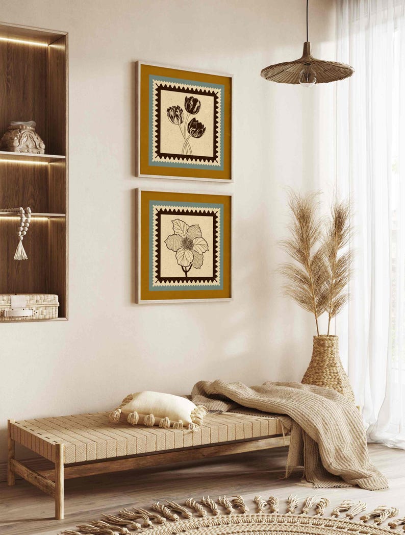 Vintage Botanical Print Set: Retro Stamp Wall Art, French Country Decor ...
