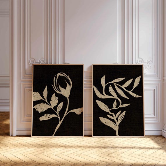 Moody Botanical Wall Art, Vintage Style Floral Prints in Black and Cream, Minimalist Plant Posters for Mid Century and Modern Boho Decor