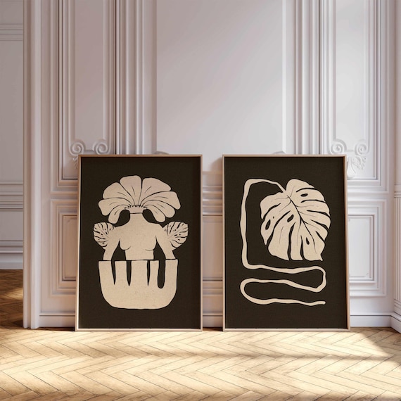 Abstract Botanical Print Set, Female Figure Wall Art, Mid-Century Modern Boho Decor