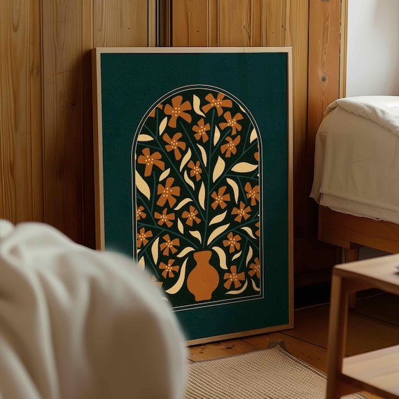 Cherry Blossom Print — Retro Botanical Wall Art, Mid Century Modern Decor