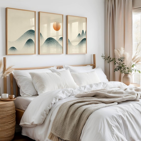 Minimalist Mountain Triptych: Japandi Landscape Print Set, Calm Nature Wall Decor