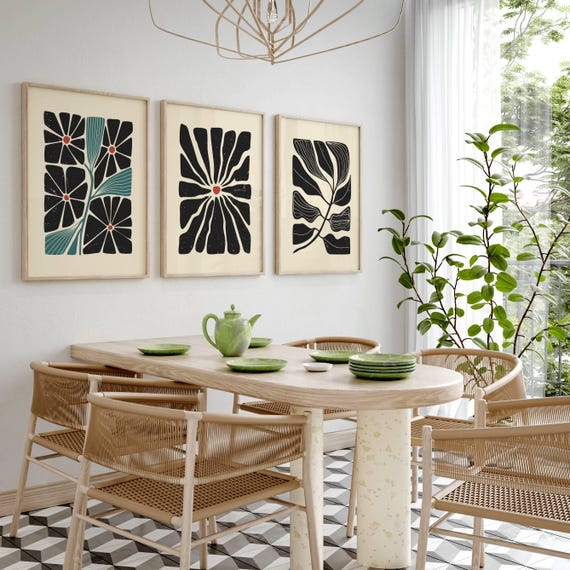 Groovy Retro Wall Art, Set Of 3 Prints, Gallery Wall, Mid Century Modern, Matisse Print, Mcm Wall Art, 70s Decor, Funky Floral Wall Art