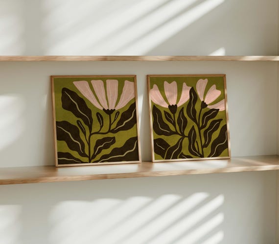 Retro Floral Print Set of 2: Mid Century Modern Botanical Wall Art, Vintage Decor
