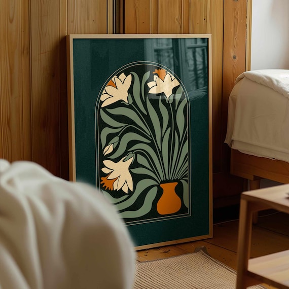 FRAMED Abstract Daffodil Print: Mid Century Modern Floral Wall Art, 70s Retro Botanical Poster