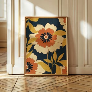 70s Floral Wall Art: Mustard & Navy Botanical Print, Retro Boho Home Decor