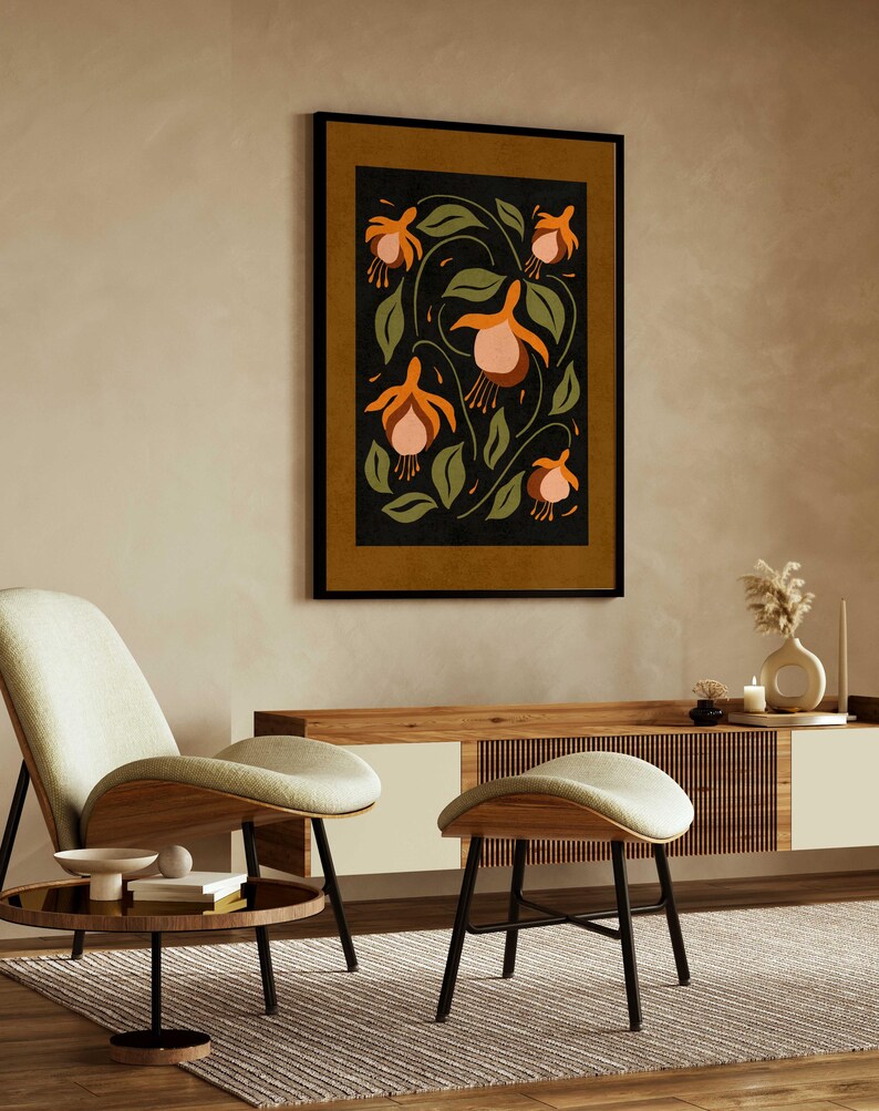 Vintage Blumenmuster: Erdfarbene botanische Wandkunst, Mid Century Modern Boho Dekor Bild 5