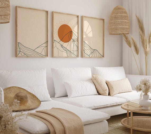 Minimalist Mountain Triptych: Japandi Teal & Burnt Orange Landscape Art, Calm Boho Home Decor