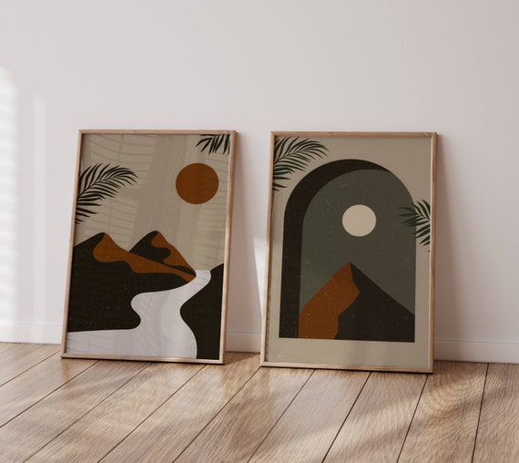 Mountain Wall Art Set, Set Of 2 Prints, Aesthetic Landscape Prints, Earth Tone Decor, Boho Wall Art, Aesthetic Room Decor, Digital Download