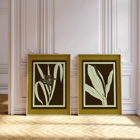 Vintage Style Botanical Prints, Cottagecore Floral Wall Art in Dark Brown and Olive, Retro Plant Posters for Rustic or Mid Century Decor