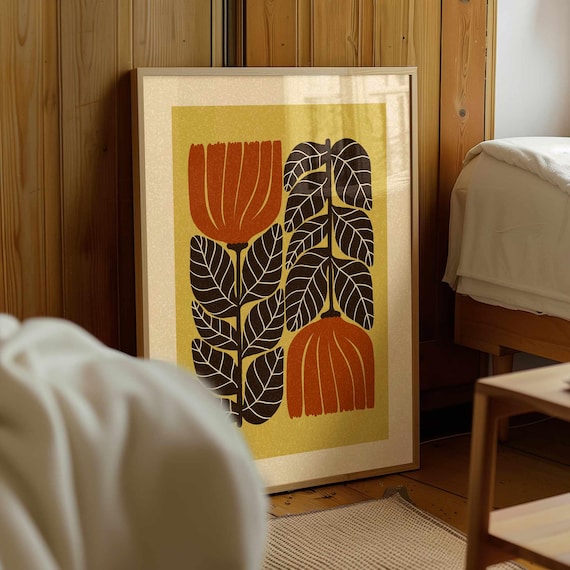 Floral print of abstract flowers in 70s retro mid-century modern style — funky vintage botanical wall art with warm tones and groovy vibes.