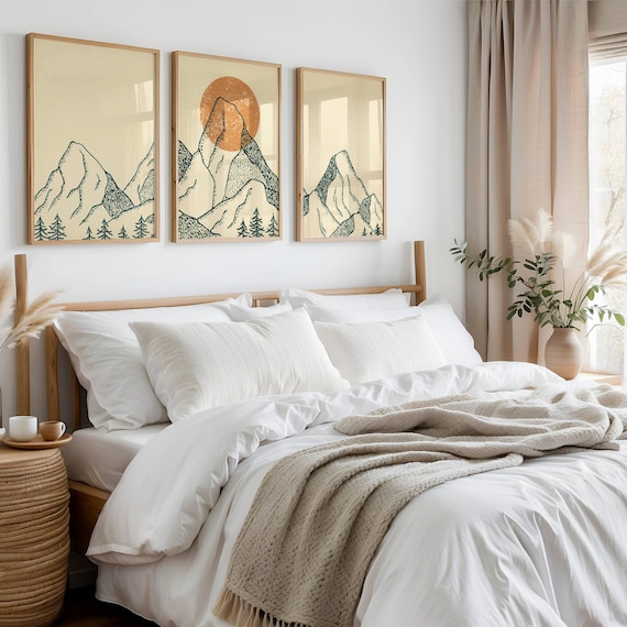 Mountain Wall Art, Set Of 3 Prints, Japandi Wall Art, Gallery Wall Set, Landscape Prints, Abstract Nature Art, Triptych Wall Art, Mcm Decor