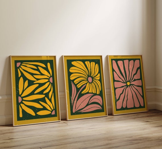 Groovy Retro Wall Art – Matisse Inspired Floral Prints in Mustard and Pink, 70s Style Botanical Posters for Mid Century Vintage Home Decor