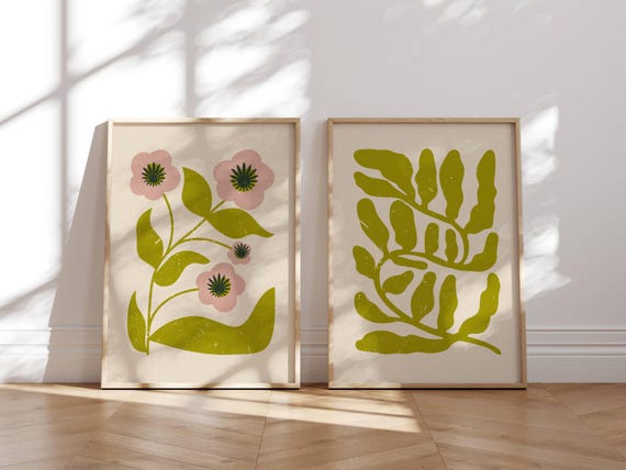 Colorful Retro Floral Wall Art, Matisse Inspired Botanical Prints in Vibrant Summer Colors — 70s Groovy Wall Art in Mid Century Modern Style