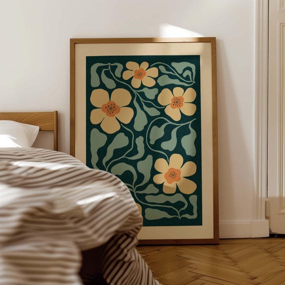 70s Retro Floral Print: Matisse Style Botanical Wall Art, Mid Century Modern Boho Decor