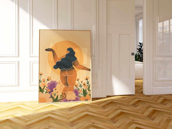 Curvy Woman Art Print: Boho Feminine Figure in Flower Field, Self Love Wall Decor