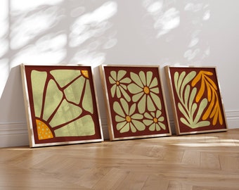 Aesthetic Retro Flower Print Set, Set Of 3 Prints, Retro Wall Art, Groovy Matisse Print Set, Funky Wall Art, Mid Century Wall Art