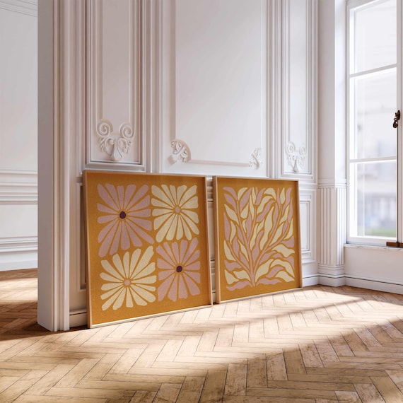 Retro Floral Print Set – 60s Botanical Wall Art, Vintage Boho Home Decor