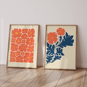 Set di poster floreali retrò, set di 2 stampe, arte murale anni '70, stampe di Matisse, arte murale floreale, stile moderno di metà secolo, decorazioni murali anni '60, arte murale MCM