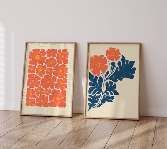 Retro Flower Poster Set, Set of 2 Prints, 70s Wall Art, Matisse Prints, Floral Wall Art, Mid Century Modern, 60s Wall Decor, Mcm Wall Art