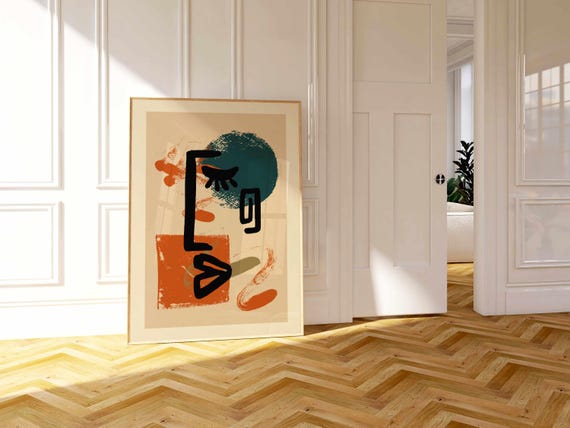 Mid century modern wall art with bold, funky colors. This mcm poster of woman face portrait is perfect for enhancing any space in your home.