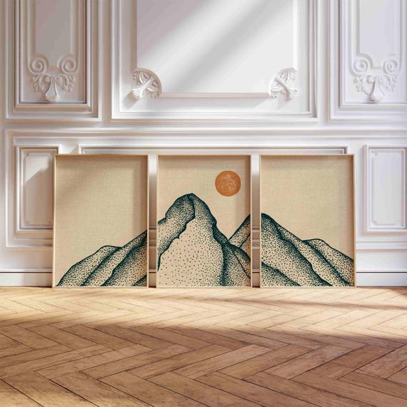 Minimalist Mountain Wall Art: Japandi Landscape Triptych, Calm Nature Wall Decor