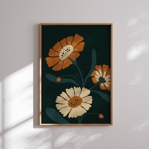 Póster de flores de los años 70, arte de pared de los años 70, arte de pared retro, decoración de pared de los años 60, decoración de habitación estética, arte de mediados de siglo, arte de pared floral, inspirado en los años 70