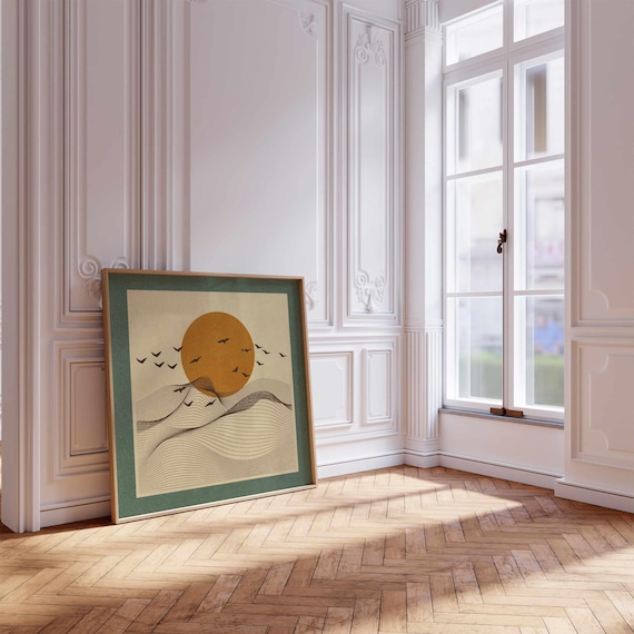 Japandi Sunrise Print: Minimalist Landscape with Birds, Abstract Nature Wall Art, Calm Home Decor