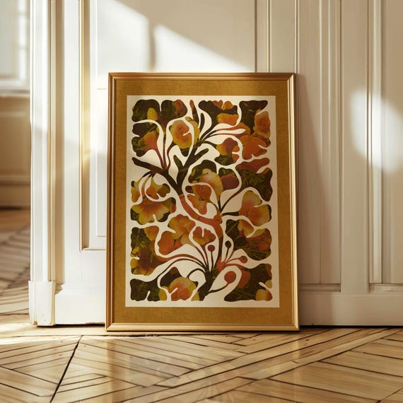 Abstract Botanical Print, Neutral Retro Floral Wall Art, Organic Plant Shapes – Perfect for Mid Century, Boho & Vintage-Inspired Home Decor