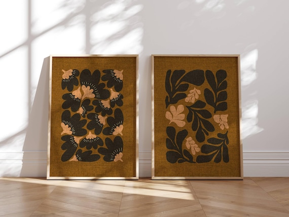 Abstract Retro Floral Prints, Matisse Style Botanical Wall Art in Earthy Tones – Vintage Flower Posters for Mid Century & Boho Home Decor