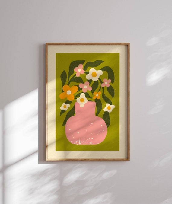 Groovy 70s Floral Art Print, Olive Green Mid Century Modern Wall Decor — Funky Pink Vase Orange & White Flowers, Retro Abstract