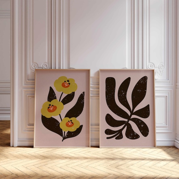 Retro Flower Print Set: Mid Century Modern Floral Wall Art, Groovy Decor