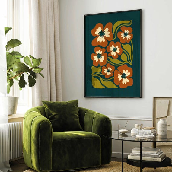 70s Retro Floral Print: Mid Century Modern Botanical Wall Art, Boho Flower Poster