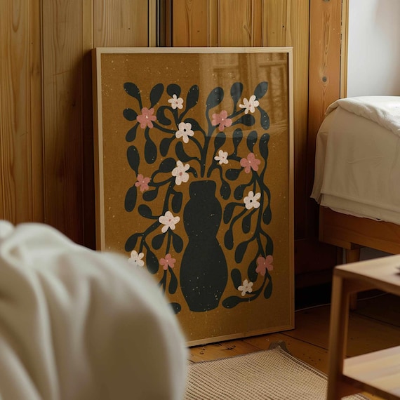 Retro Flower Vase Print – 70s Matisse Style Botanical Art, Mid Century Modern Boho Decor