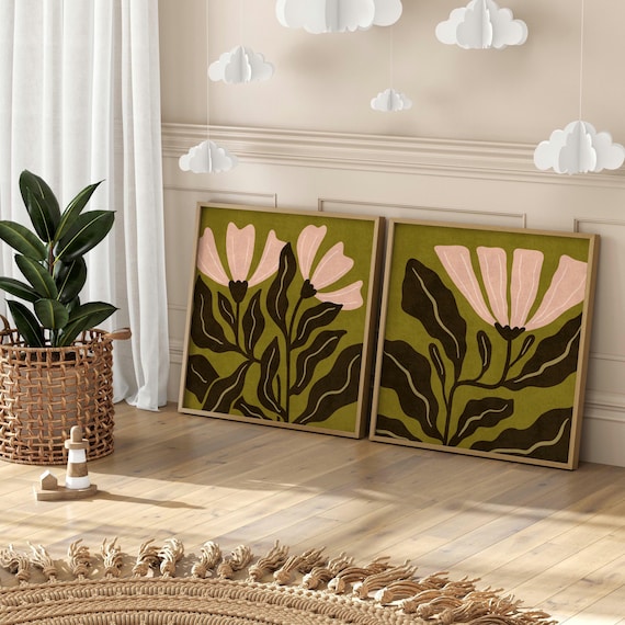 Earthy Retro Floral Wall Art Set Of 2, Abstract Matisse-Inspired Botanical Prints in Green and Blush Pink – Vintage Boho Mid Century Style