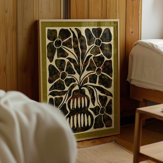 Matisse Style Botanical Print: Abstract Floral Artwork, Mid Century Modern Olive Green Decor