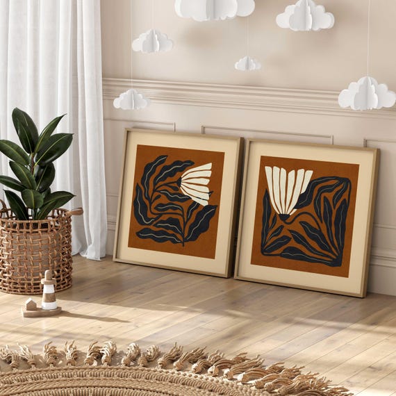 Abstract Retro Floral Wall Art Set Of 2, Matisse-Inspired Botanical Prints in Earth Tones – Cozy 70s Wall Art for Boho & Mid Century Decor