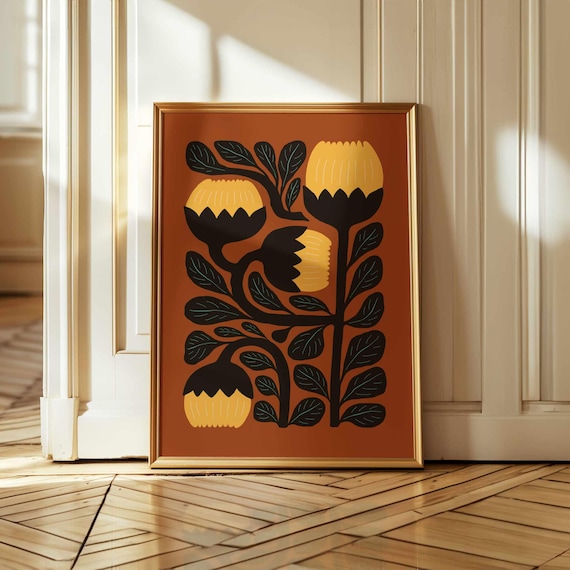 Floral Print of Abstract Flowers in 70s Retro Mid-Century Modern Style — Groovy Vintage Botanical Print with Bold Charm and Earthy Tones.