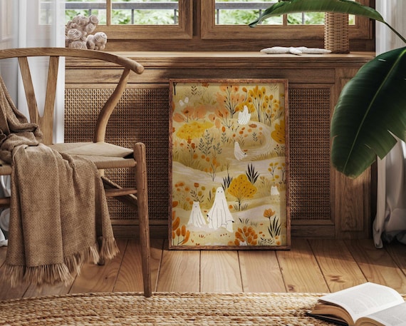 Autumn Gathering – Cute Ghost Print, Whimsical Fall Wall Art, Cozy Halloween Home Decor, Autumn Ghost Illustration for Spooky Season