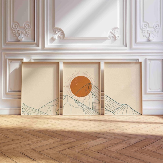 Minimalist Mountain Triptych: Japandi Teal & Burnt Orange Landscape Art, Calm Boho Home Decor
