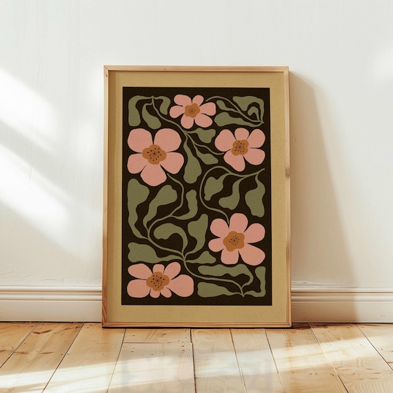 Retro Floral Print: 70s Boho Botanical Wall Art, Vintage Mid Century Modern Decor