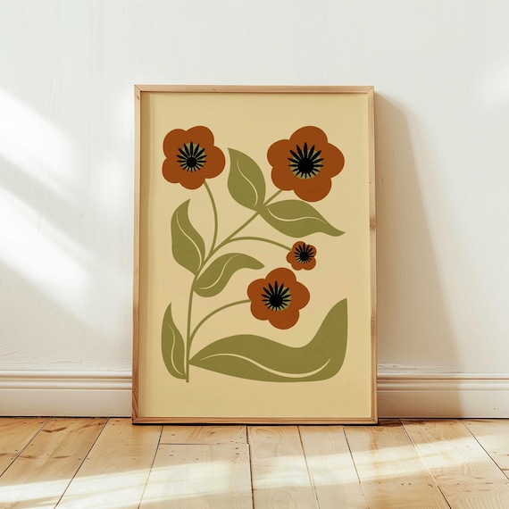 70s Retro Floral Print: Olive, Rust & Cream Botanical Wall Art, Mid Century Modern Decor