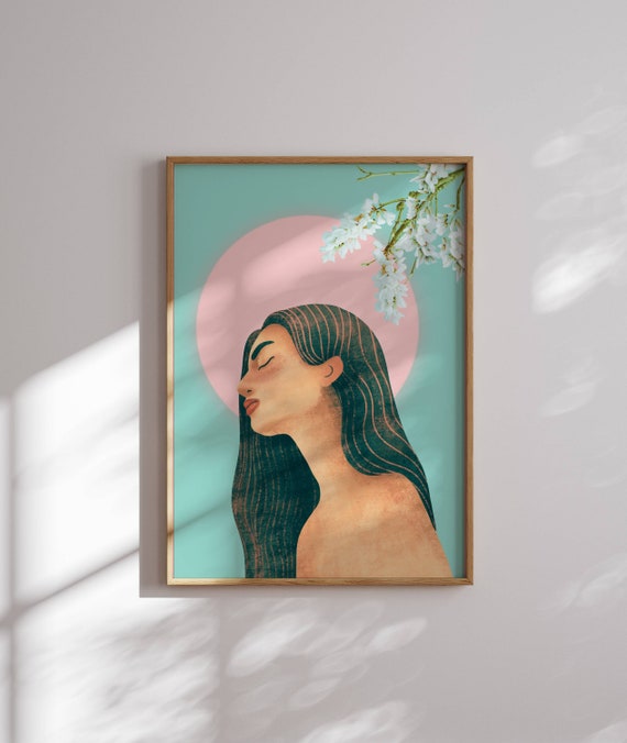 Feminine Woman Art Print – Empowering Female Portrait, Stylish Wall Art for Her, Boho Aesthetic Decor, Girly Bedroom Poster
