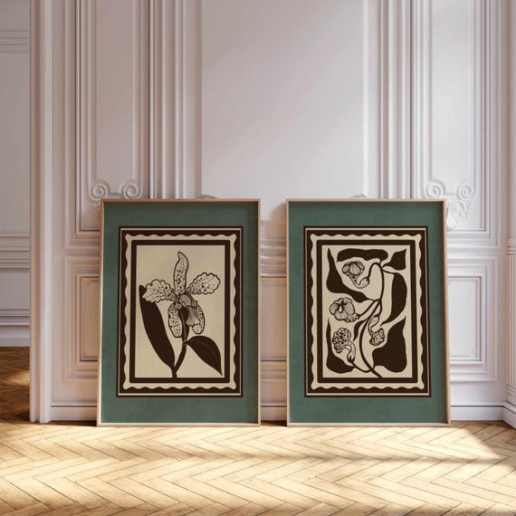Vintage Style Botanical Prints – Rustic Wildflower Posters in Teal and Brown, Cottagecore Floral Wall Art, Retro Nature Inspired Home Decor