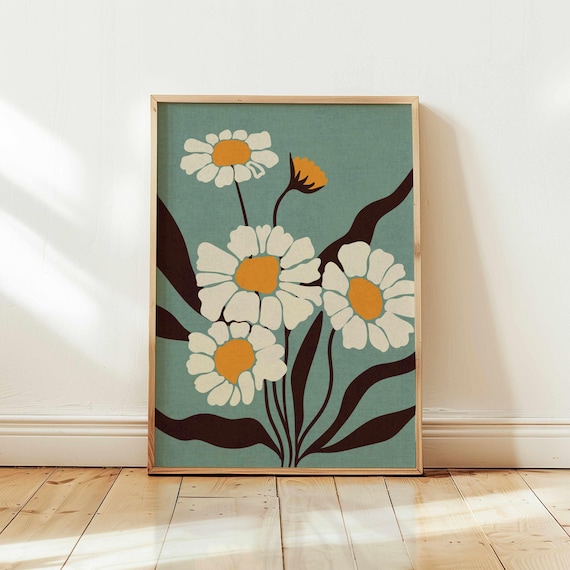 Retro Daisy Print: Matisse Style Botanical Art, Mid Century Modern Boho Decor