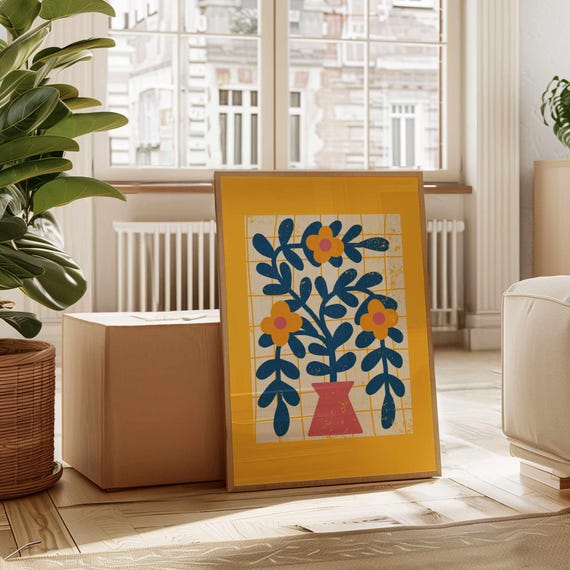 Retro 70s Floral Wall Art, Groovy Vintage Flower Print in Pink, Yellow and Blue – Mid Century Modern Boho Poster for Dopamine Decor