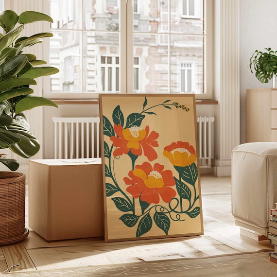 Retro Floral Wall Art — Vintage Style Flower Print in Vibrant Colors, 70s Inspired Botanical Poster for Boho or Summer Home Decor