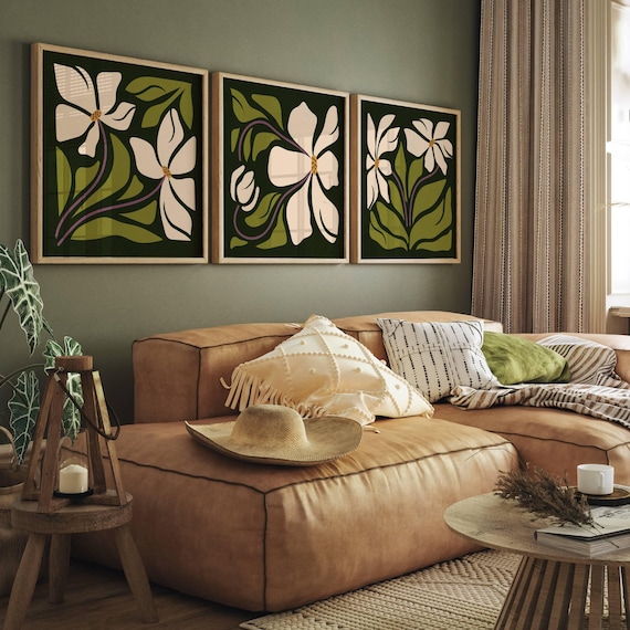 Retro Floral Wall Art Set Of 3, Abstract Matisse-Inspired Botanical Prints – 70s Aesthetic Vintage Posters for Mid Century & Boho Home Decor
