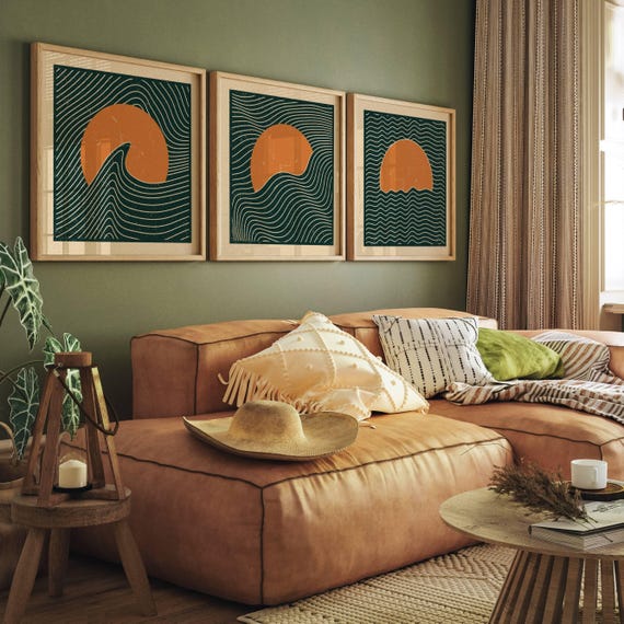 Japandi Wall Art Set of 3 – Minimalist Abstract Landscape Prints, Mid Century Modern Ocean Art, Geometric Nautical Decor in Teal & Orange